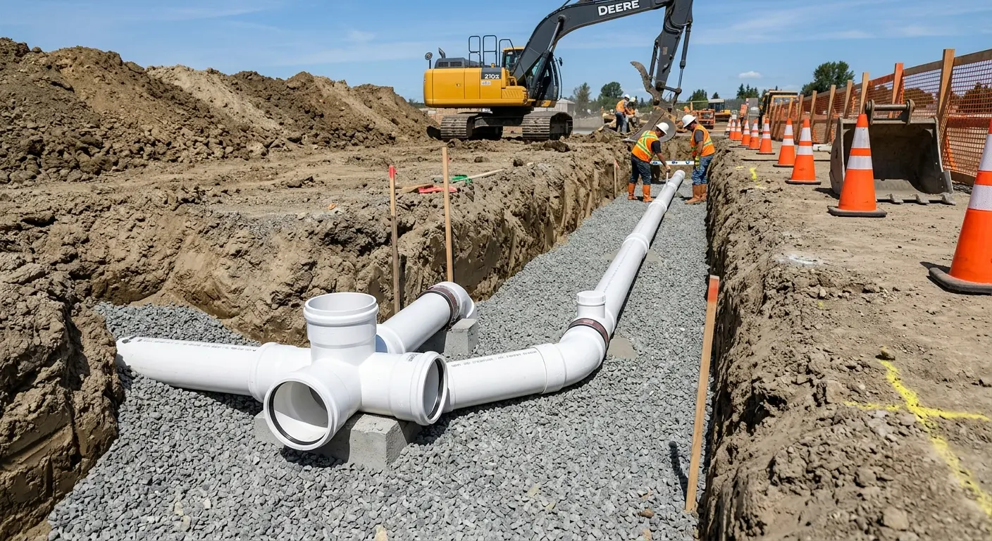 New PVC sewer pipe installation in open trench for Sewer Backup in Poway