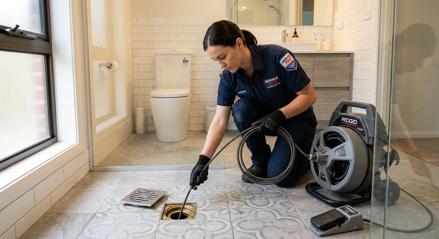 Technician clearing a bathroom floor drain for Drain Repair in Poway
